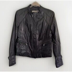 Andrew Marc New York Womens Leather Jacket Blazer Black Stand Collared Zip Sz M